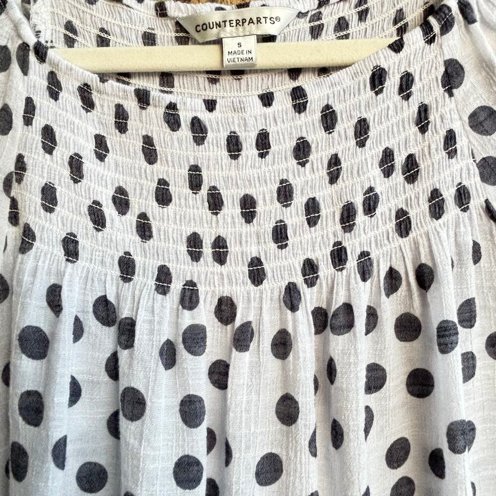 White Black Polka Dot Smocked Peasant Blouse Womens Small Boho Ruffle Sleeve - Picture 3 of 9